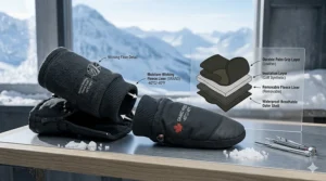 Illustration showing a removable moisture-wicking fleece liner being taken out of a heavy-duty winter mitten shell.