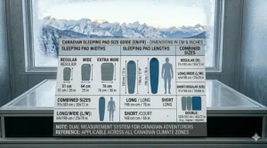 A size guide showing regular vs. long and wide budget winter sleeping pads measured in centimeters and inches for Canadian shoppers.