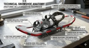 Anatomy of women's snowshoes for camping (raquettes à neige pour femmes) highlighting the frame, decking, and pivot point.
