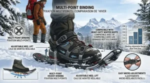 Illustration of adjustable bindings on snowshoes for winter camping, compatible with heavy-duty Canadian winter boots.