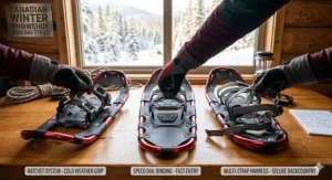 Comparison of different binding systems on women's snowshoes for camping, optimized for cold-weather handling with gloves.