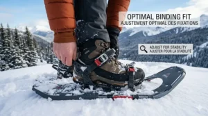 A high-detail close-up of a winter hiking boot being secured into a snowshoe binding, emphasizing the importance of a stable and adjustable fit.