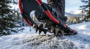 Close-up of aggressive crampon teeth on women's snowshoes for camping, designed for icy trails in the Canadian Rockies.