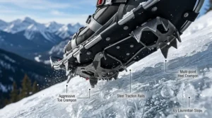 Close-up illustration of aggressive steel crampons on snowshoes designed for icy climbs in the Laurentians.
