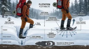Illustration showing how snowshoes for winter camping provide flotation on deep Canadian powder snow.