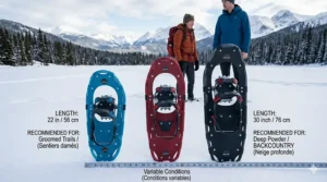 Three different snowshoe sizes displayed in the snow with a measuring tape, showing lengths in inches and centimeters for groomed trails versus backcountry use.