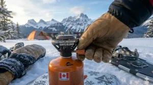 Illustration of a compact winter backpacking stove with a wide base for stability on snow-covered Canadian backcountry terrain.