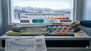 Graphic showing a self-inflating budget winter sleeping pad stored unrolled with the valve open to maintain loft and longevity.