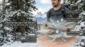 A technical close-up illustration highlighting the 18.5-micron super-fine fibers of the merino wool, focusing on the soft and non-irritating core structure for maximum comfort.