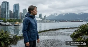 Illustration of a synthetic insulated jacket repelling freezing rain in Vancouver.