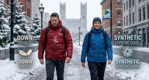 Illustration showing synthetic insulation maintaining loft during a damp Montreal snowfall.
