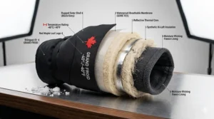 Technical diagram showing the multi-layer thermal insulation of winter mitts designed for -40°C Canadian winters.