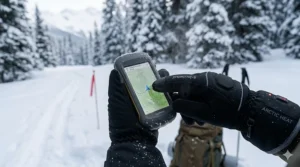 Close-up illustration of touchscreen-compatible fingertips on heated gloves for winter camping and GPS navigation.