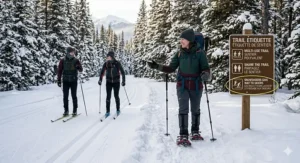 Illustration of Canadian trail etiquette showing snowshoers staying off groomed cross-country ski tracks.