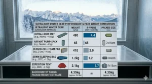 A comparison chart of pack weights featuring a lightweight budget winter sleeping pad designed for Canadian backcountry skiing.