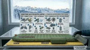 Illustration of using a pump sack to inflate a budget winter sleeping pad to prevent internal moisture and freezing in sub-zero air.