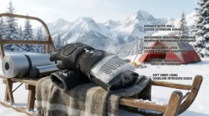 Cross-section graphic of waterproof and windproof layers in heated gloves designed for wet snow conditions in Ontario or BC.
