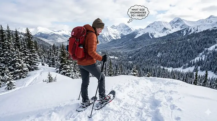 A hiker with a red backpack standing on a snowy ridge in the Canadian Rockies, looking at the mountain trail and wondering what size snowshoes they need. what size snowshoes do I need