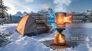 Illustration of a compact winter backpacking stove with a built-in windscreen designed for the gusty Canadian tundra.