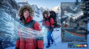 Graphic showing a windproof outer shell protecting a camper from harsh Canadian winter winds.