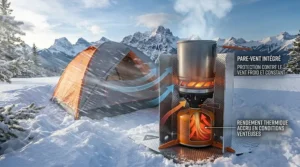 Illustration showing a compact winter backpacking stove in inverted canister mode for reliable performance in sub-zero Canadian climates.