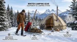 Illustration of a winter camping setup featuring a pulk sled and backcountry snowshoes near a canvas hot tent.