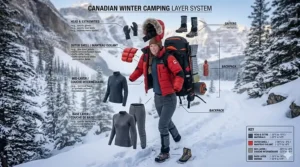 Infographic of the 3-layer system featuring a down jacket as the essential insulating mid-layer for Canadian winters.