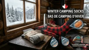 Graphic featuring the text Winter Camping Socks and Bas de camping d'hiver with a pair of red and white Canadian-style wool socks.