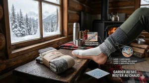 Illustration showing the 3-layer system for winter camping socks featuring a thin liner and a heavy thermal outer layer.