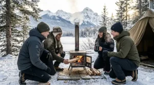 Friends gathering around a winter camping stove (poêle de camping d'hiver) at a backcountry site in Banff National Park.