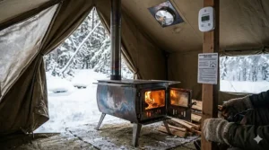 A diagram showing proper ventilation and carbon monoxide safety when using a winter camping stove inside a tent.