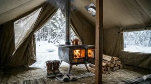 An illustration of a glowing winter camping stove providing radiant heat inside a winterized bell tent in the Yukon.