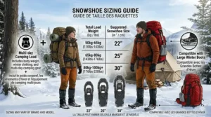 Illustration of Leave No Trace principles (Sans Trace) for snowshoeing and winter camping in Canadian Provincial Parks.