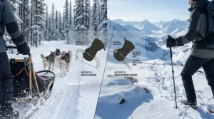 Stylized illustration of winter mitts being used for high-endurance Canadian activities like dog sledding and backcountry hiking.
