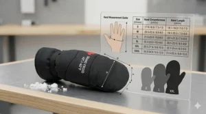 A clear sizing guide for unisex winter mitts for extreme cold, featuring measurements in centimeters and inches for Canadian shoppers.