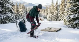 Diagram showing how to use snowshoes to pack down snow for a tent site while winter camping in the backcountry.