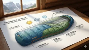 Technical illustration of a mummy sleeping bag for backpacking with a temperature rating suitable for Canadian spring and autumn nights.