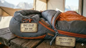 Detailed illustration of an insulated draft collar and snag-free zipper on a 3-season sleeping bag for frost protection.