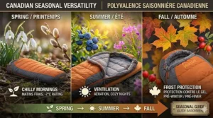 Icons representing spring, summer, and fall use cases for a 3-season sleeping bag in the Canadian outdoors.