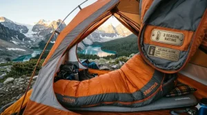 Technical illustration of 3-season sleeping bag temperature ratings in Celsius, ideal for Canadian spring and autumn nights.