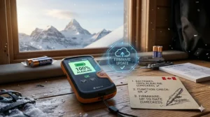 A photorealistic 4K illustration showing a maintenance check for an avalanche beacon; the screen displays a 100% Alkaline OK icon next to a firmware update symbol with a Rockies backdrop.