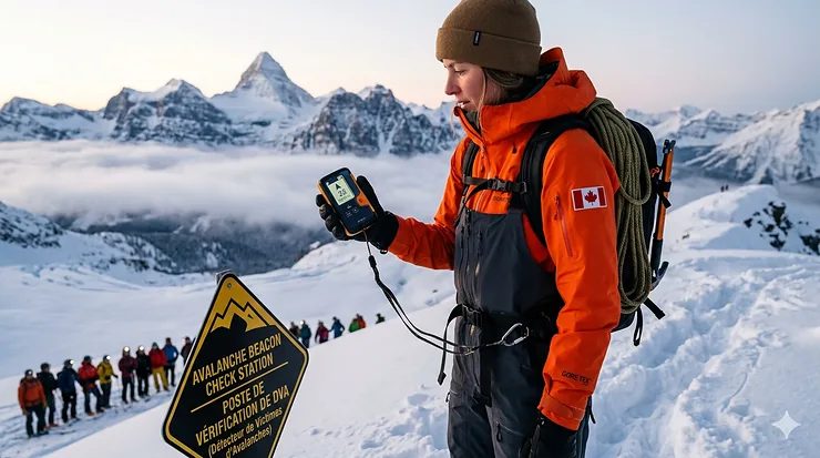 A photorealistic 4K image of a backcountry skier performing a function check on an avalanche beacon in Banff National Park, with rugged Canadian Rockies peaks at dawn and a bilingual safety sign.