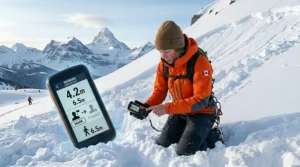 A photorealistic 4K illustration featuring a detailed digital avalanche beacon displaying multiple victim symbols and an active 'Mark' (Marquer) function, held by a searcher in the Canadian Rockies.