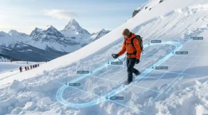 A photorealistic 4K illustration from the Canadian Rockies showing a female searcher in an orange jacket executing a precise 20-meter strip width grid search pattern across a large avalanche debris field, with glowing digital path markers.