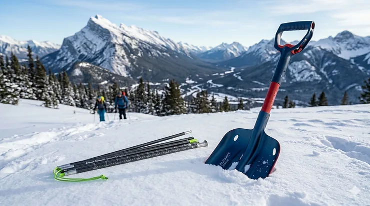 A professional avalanche probe and shovel kit laid out on fresh snow in the Canadian Rockies, essential gear for winter backcountry safety.