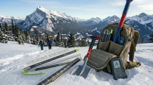 Close-up illustration of the metric depth markings on a 280cm avalanche probe, vital for measuring snowpack depth in Canada.