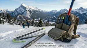 A graphic of an avalanche probe and shovel kit (pelle et sonde d'avalanche) with icons representing Avalanche Canada safety standards.