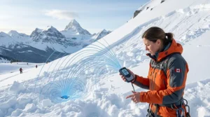 A photorealistic 4K illustration from the Canadian Rockies showing the signal arc (blue flux lines) between a searcher’s modern avalanche beacon and a hidden, buried subject, demonstrating the search process in natural light.