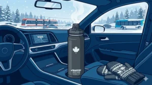 Illustration of a hot beverage pouring from the Baffin insulated bottle, emphasizing its ability to provide warmth and hot drinks in a Canadian winter setting.