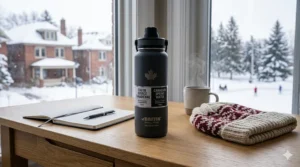 Close-up illustration of the rugged Baffin insulated winter flask embedded firmly in deep snow and ice, designed to withstand extreme cold and impact in Canada.